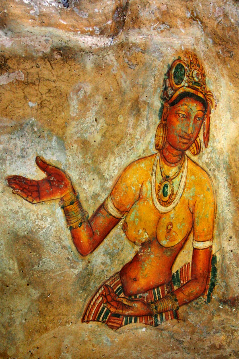 Fresco op de muur van Sigiriya-rots, in het Matale-district van Sri Lanka. Deze 370 meter hoge lavakoepel van een oude vulkaan is beroemd om het versterkte paleiscomplex, gebouwd tijdens het bewind van koning Kasyapa. door Unknown