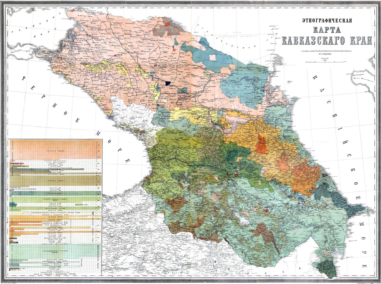 Etnografische kaart van de Kaukasus, 1880 (schaal: 1:1080000) door Николай Карлович Зейдлиц