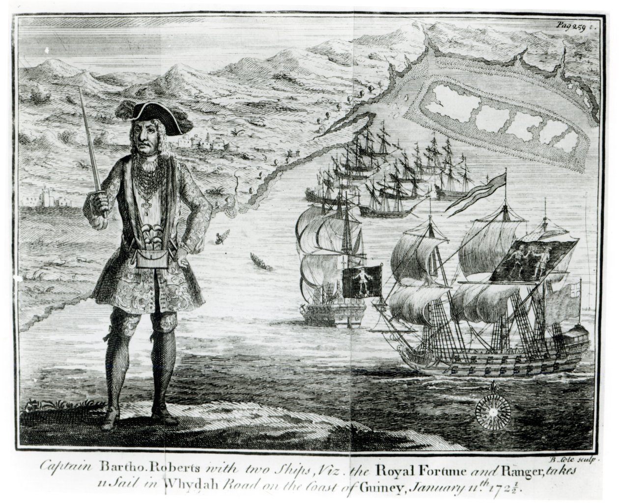 Kapitein Bartholomew Roberts (1682-1722) met twee schepen, de 