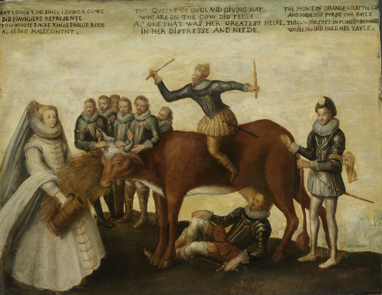 De Melkkoe: De Nederlandse provincies, in opstand tegen de Spaanse koning Filips II, worden geleid door prins Willem van Oranje, de Staten-Generaal smeekt koningin Elizabeth I om hulp door Anonymous