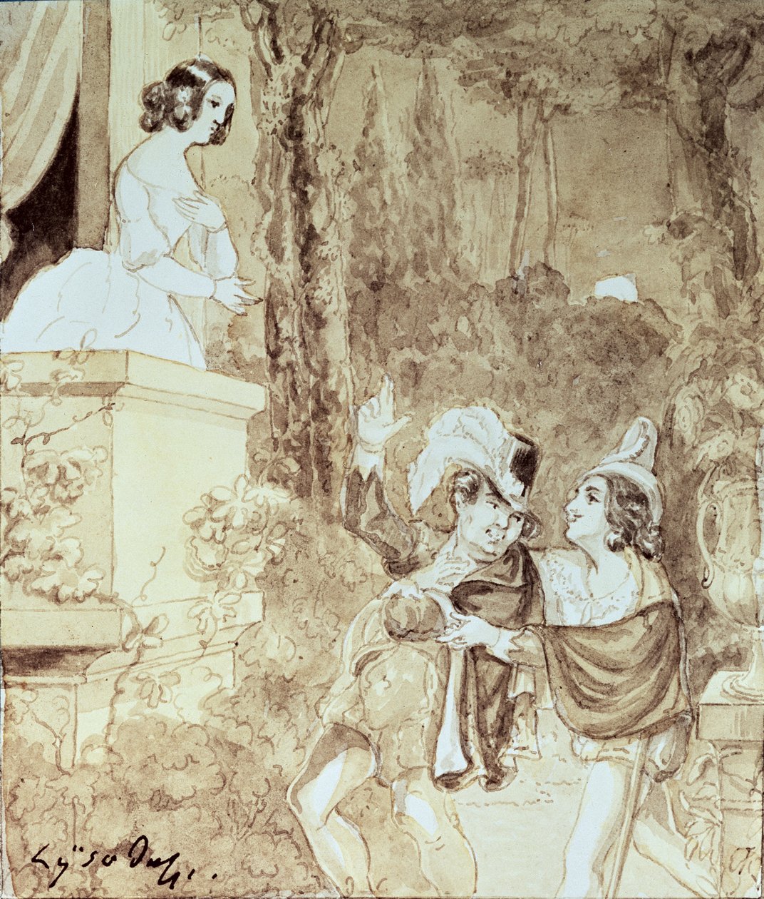 Leporello die Elvira sereneert in de gedaante van Don Giovanni (Don Juan) die achter hem staat, Act II scène I, uit 