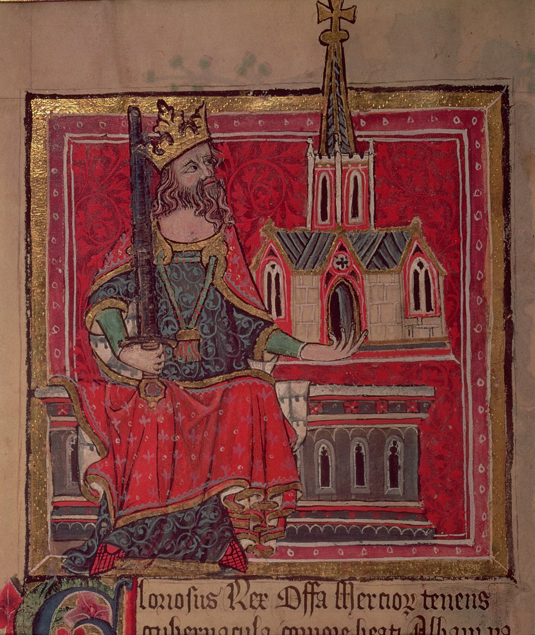 Offa, Koning van Mercia, uit het Benefactors Book van St. Albans Abbey, c.1380 door English School