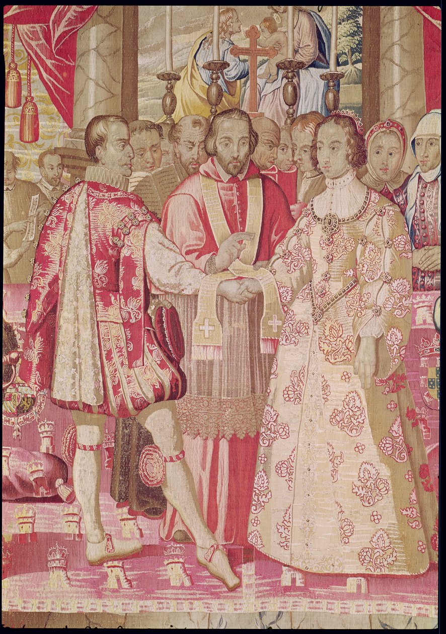 Het Karel V Wandtapijt dat het huwelijk van Karel V (1500-58) met Isabella van Portugal (1503-39) in 1526 afbeeldt, detail van de kardinaal die het paar zegent, Brugge, c.1630-40 (detail) door Flemish School