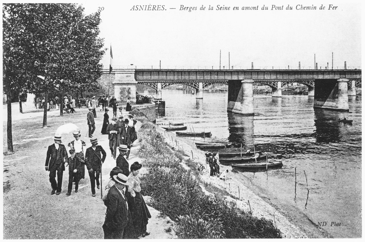 Asnieres, oevers van de rivier de Seine en de spoorbrug, ca. 1900 door French Photographer