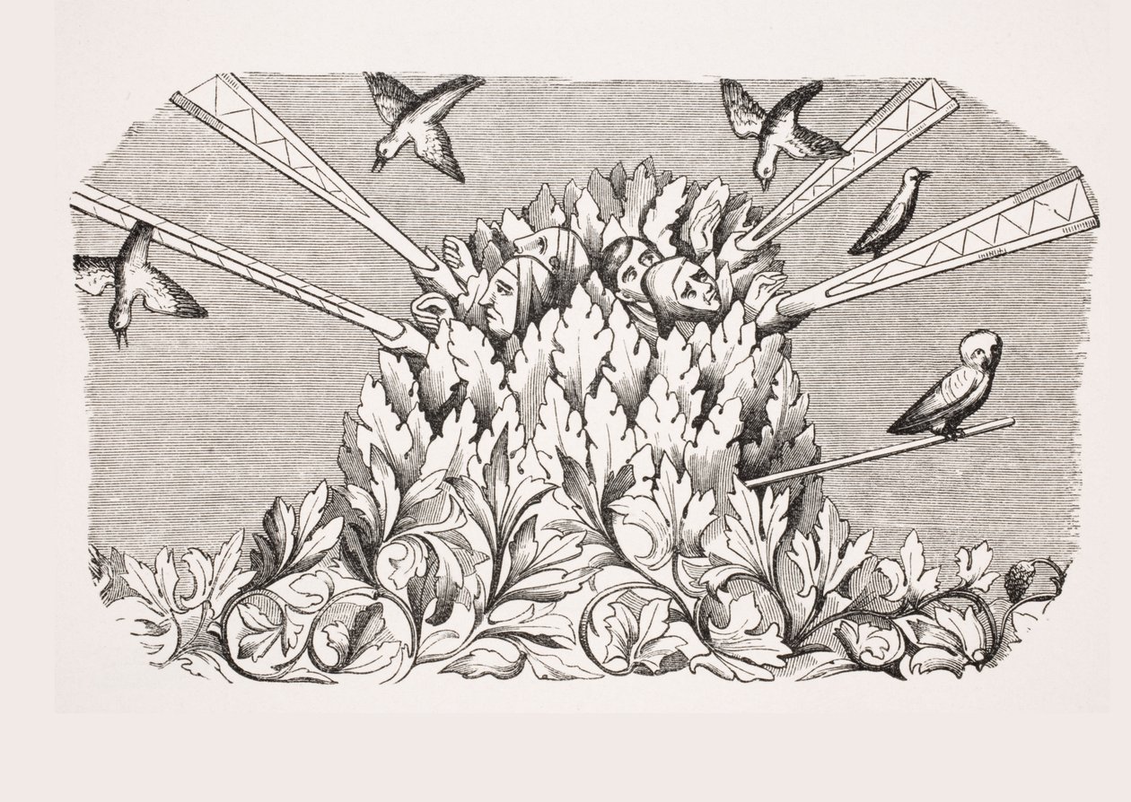Vogelvangst met machine-achtige uitschuifbare armen, reproductie van een miniatuur in het 14e-eeuwse manuscript 