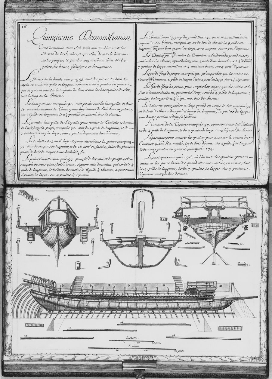 Constructie van een galei met de boeg en de achtersteven, vijftiende demonstratie, plaat 16, illustratie uit 