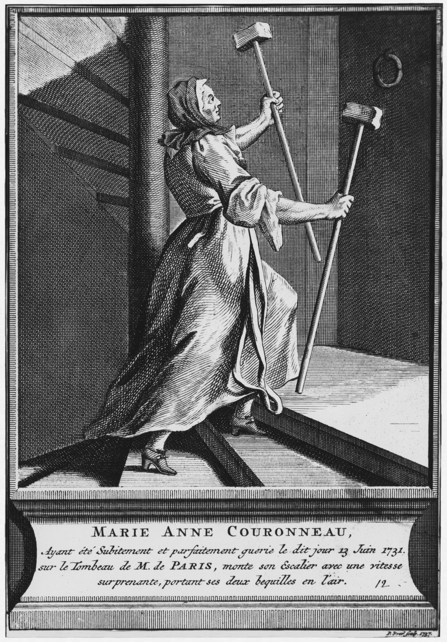 Wonderbaarlijke genezing van een verlamde, Marie-Anne Couronneau, op het graf van diaken Francois de Paris op de parochiebegraafplaats Saint-Medard in Parijs, 13 juni 1731, gegraveerd door Pieter Yver (1712-87) 1737 door French School
