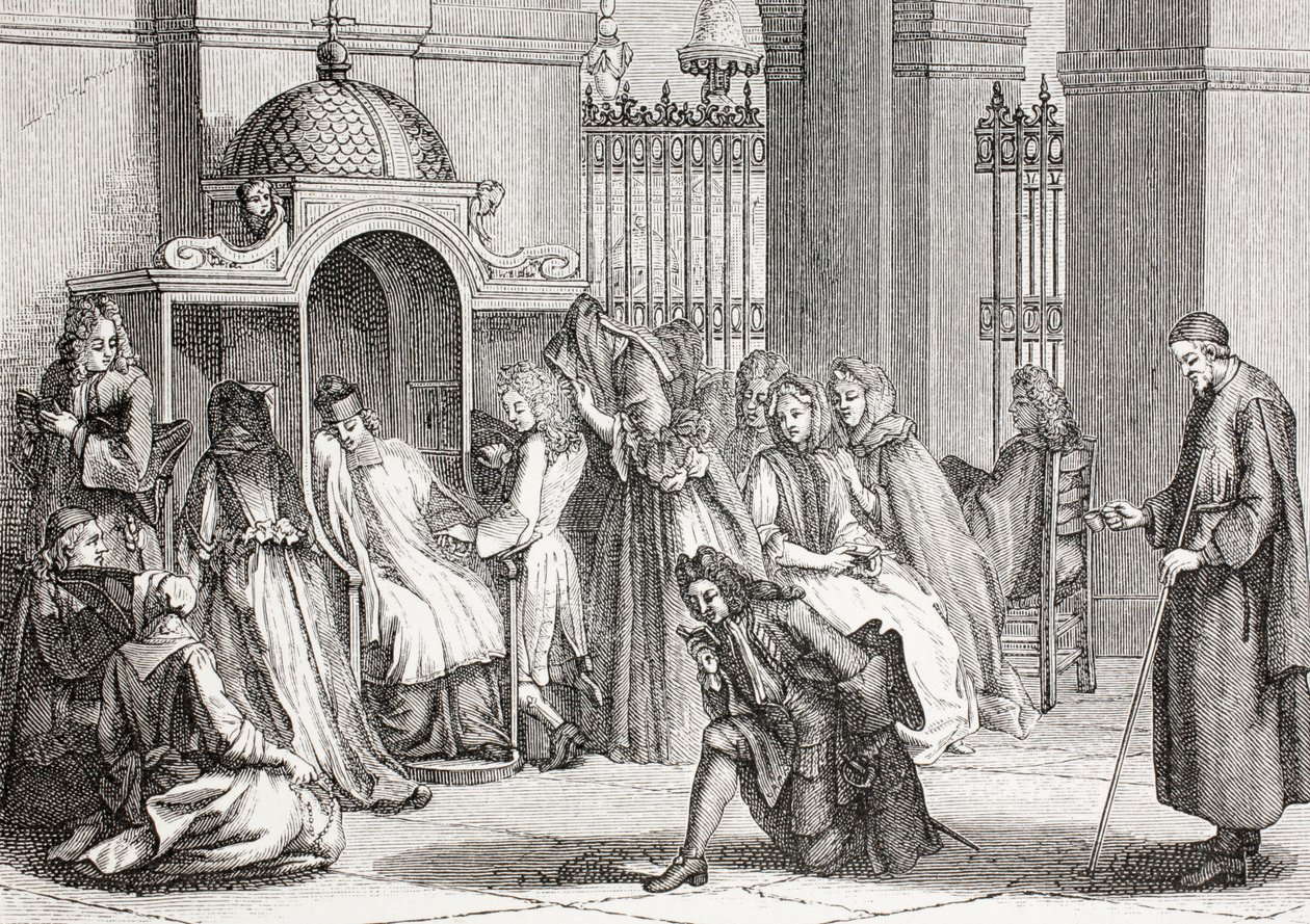 Mensen in de kerk verzameld rond de priester, wachtend om hun biecht af te leggen, naar een werk van Bernard Picart, uit 