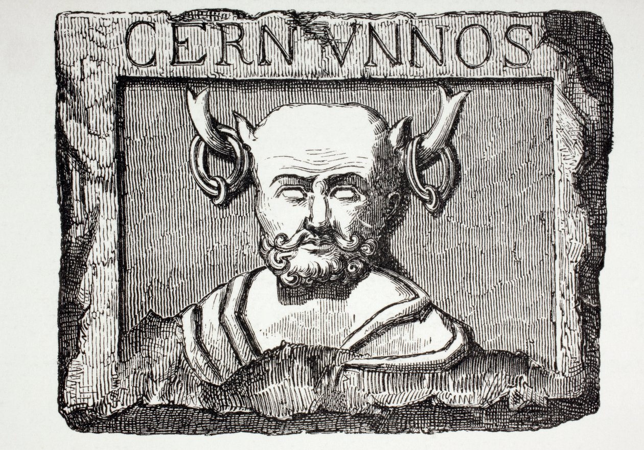De Keltische god Cernunnos, naar een Frans-Romeins beeldhouwwerk ontdekt in de fundamenten van de Notre Dame kathedraal, Parijs, uit 