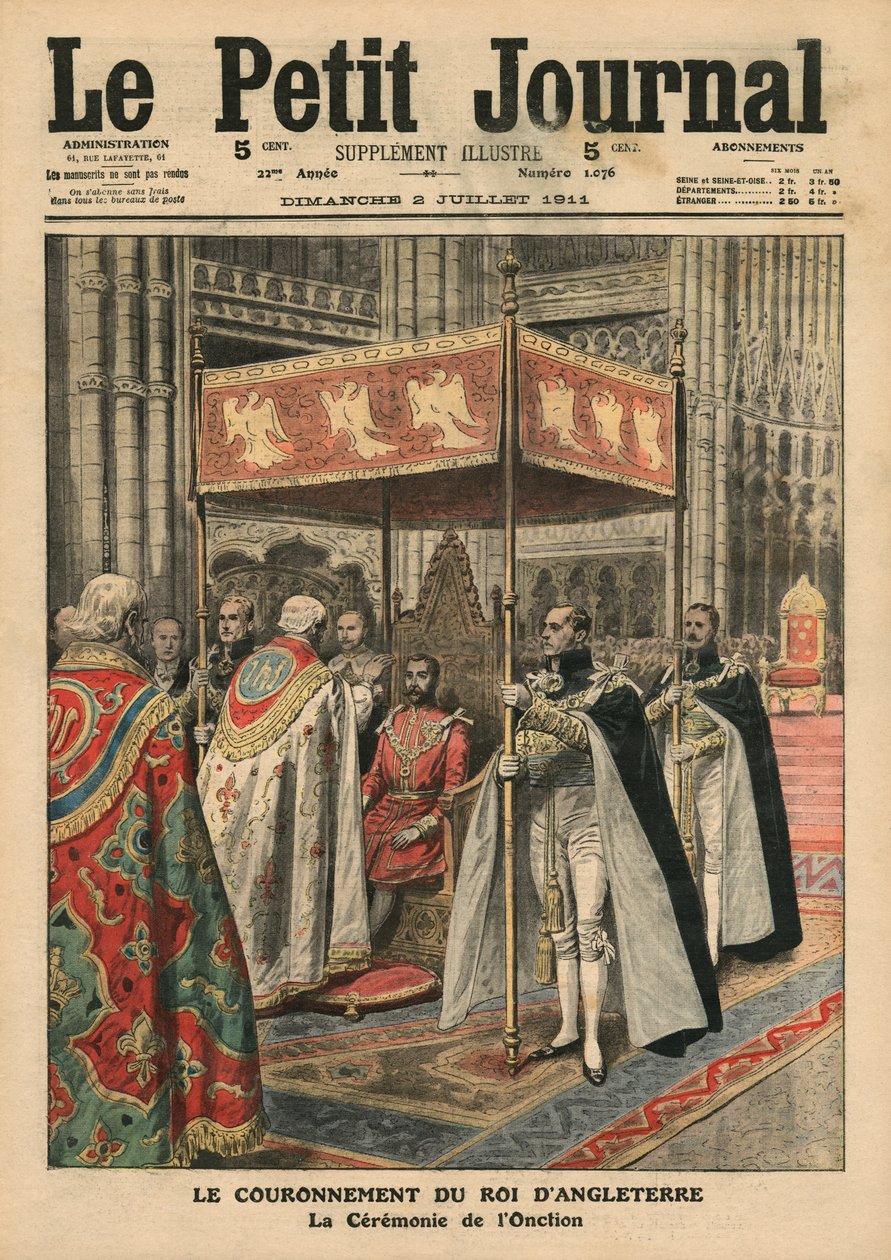 De kroning van koning George V (1865-1936) en de zalvingsceremonie in Westminster Abbey, 23 juni 1911, illustratie uit 