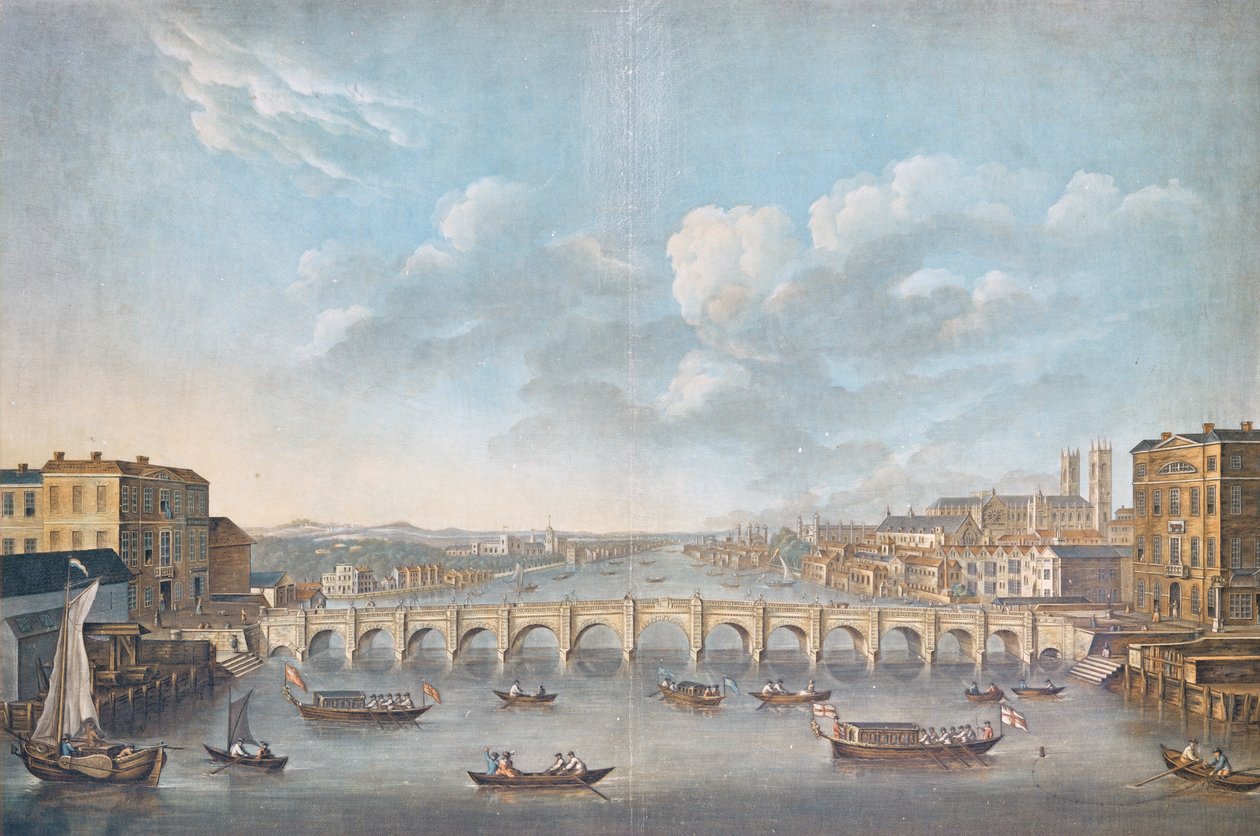 Uitzicht op Westminster Bridge, gegraveerd door Pierre Michel Alix, 1799 (gekleurde gravure) door French School