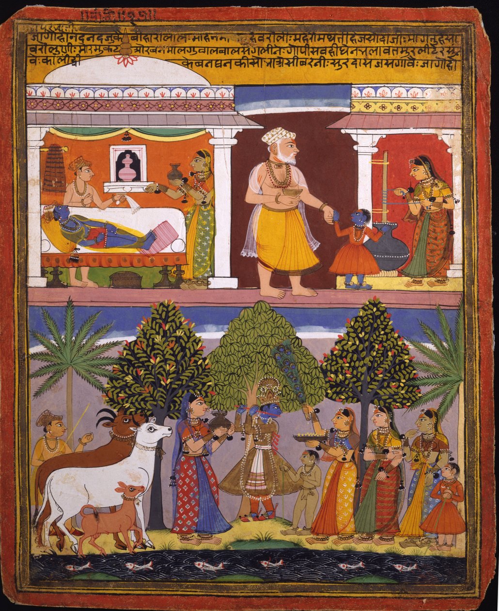 Scènes uit de jeugd van Krishna, uit een Sur Sagar-manuscript door   Manohar