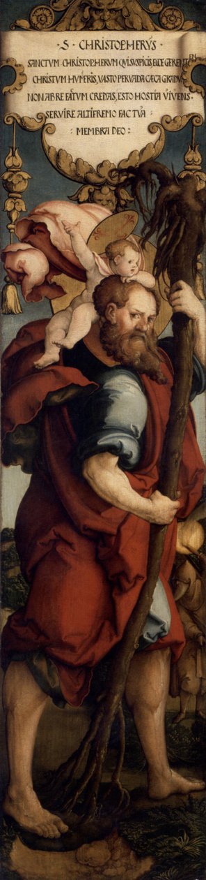Linker Zijpaneel van het voormalige Hoogaltaar van de St. Martinskerk, Heilige Christopherus; Staatsgalerie Augsburg door Master of Messkirch