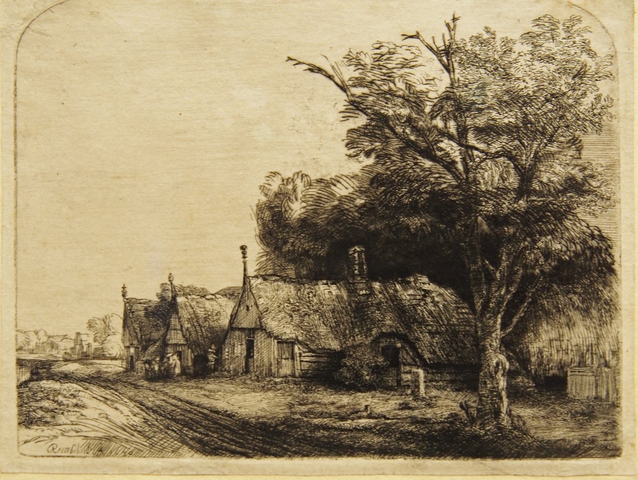 Drie boerderijen langs een weg door Rembrandt van Rijn