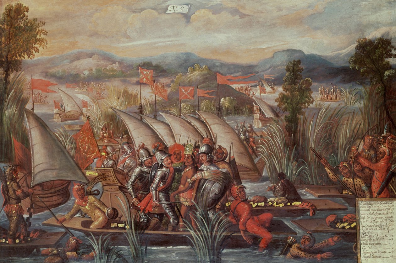 De gevangenneming van Guatemoc (c.1495-1522), de laatste Azteekse keizer van Mexico (paneel nr.8) door Spanish School