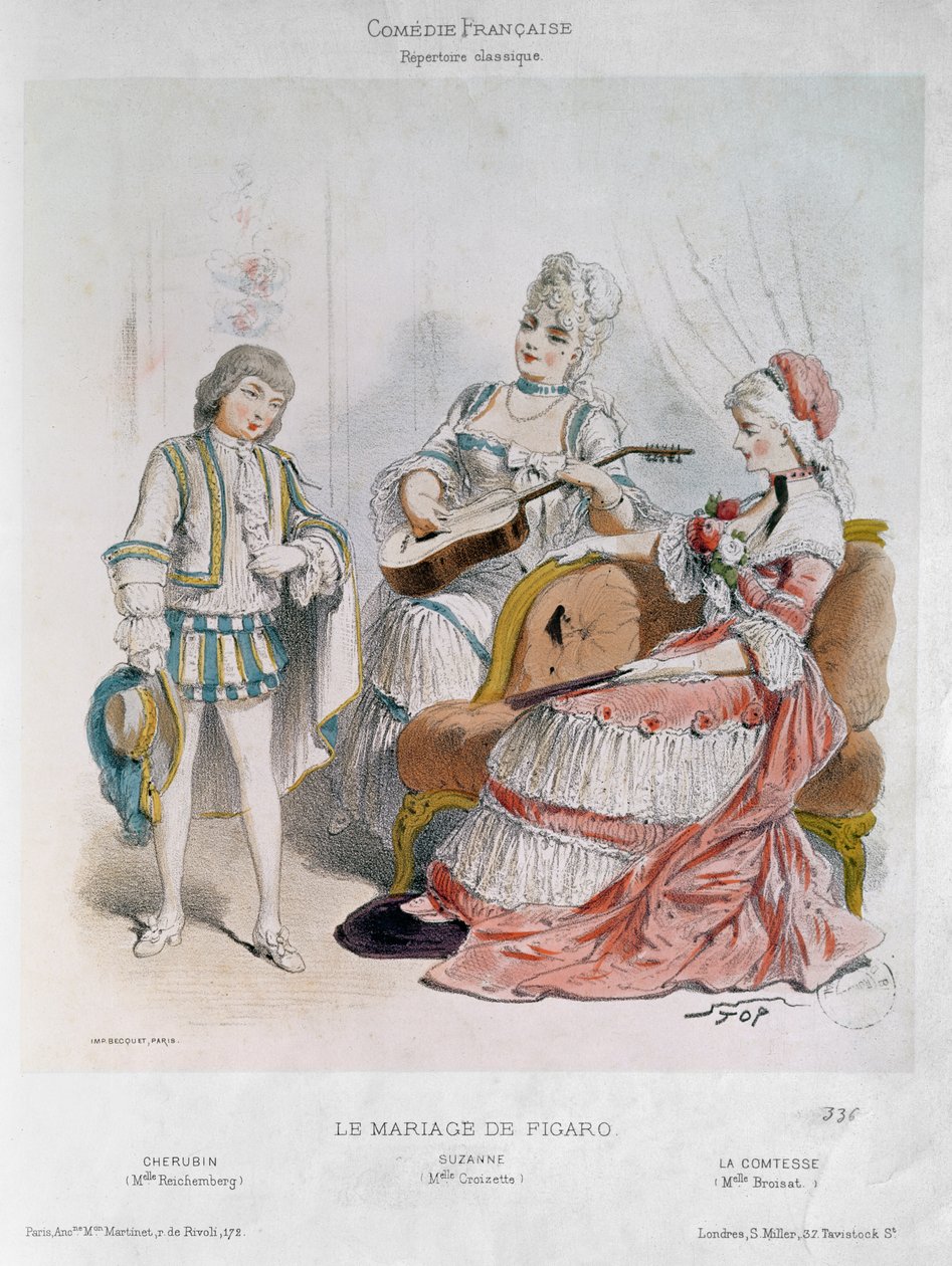 Mademoiselle Reichemberg als Cherubin, Mademoiselle Croizette als Suzanne en Mademoiselle Broisat als de Gravin in 