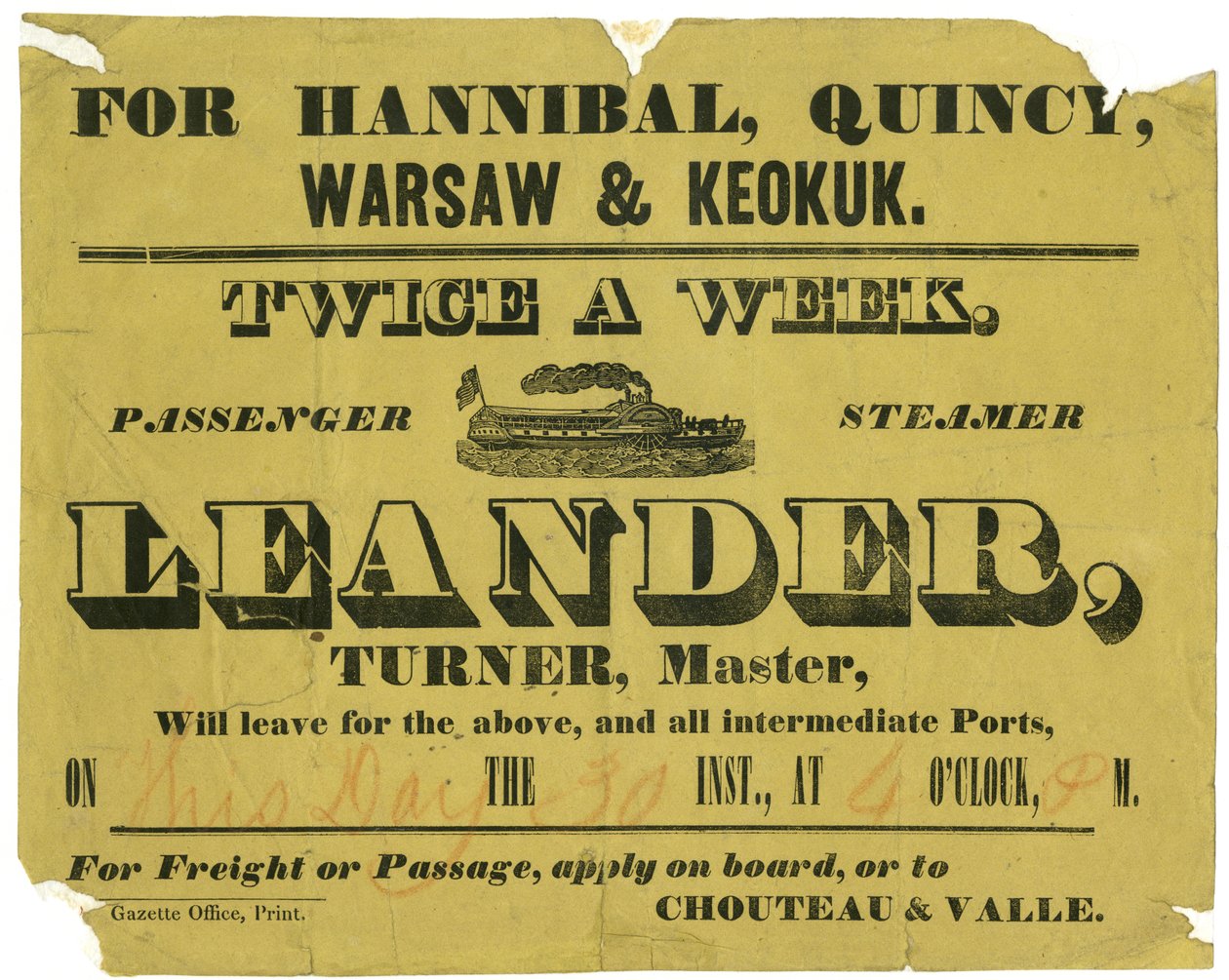 Advertentie voor S.S. Leander, twee keer per week vracht of passage, naar Hannibal, Quincy, Warsaw en Keokuk, ca. 1850 door Unknown