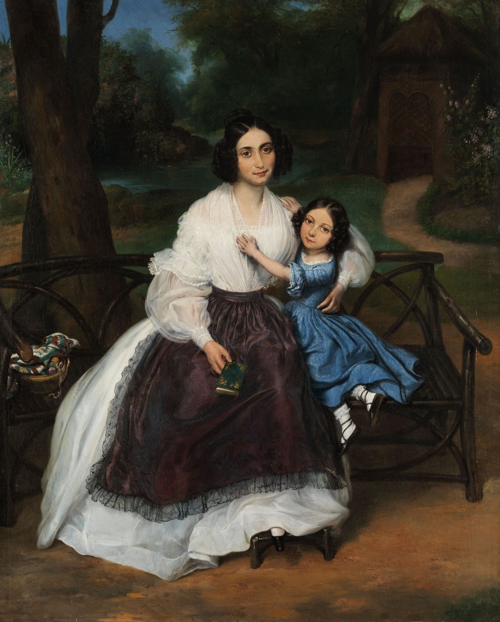Biedermeier-portret van een jonge vrouw met dochter. door Unknown