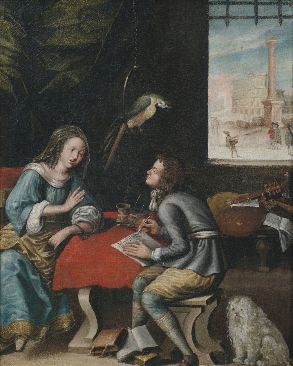 Interieurscène met geleerde en vrouw aan tafel, op de achtergrond muziekinstrumenten door Anonymous