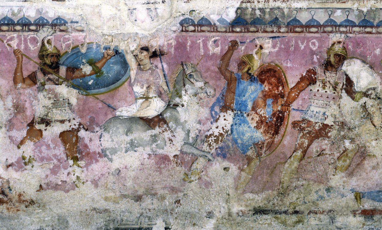 Slag tussen Grieken en Amazonen, detail van de zijkant van de sarcofaag van de Amazonen, Tarquinia, 4e eeuw v.Chr. door Unknown