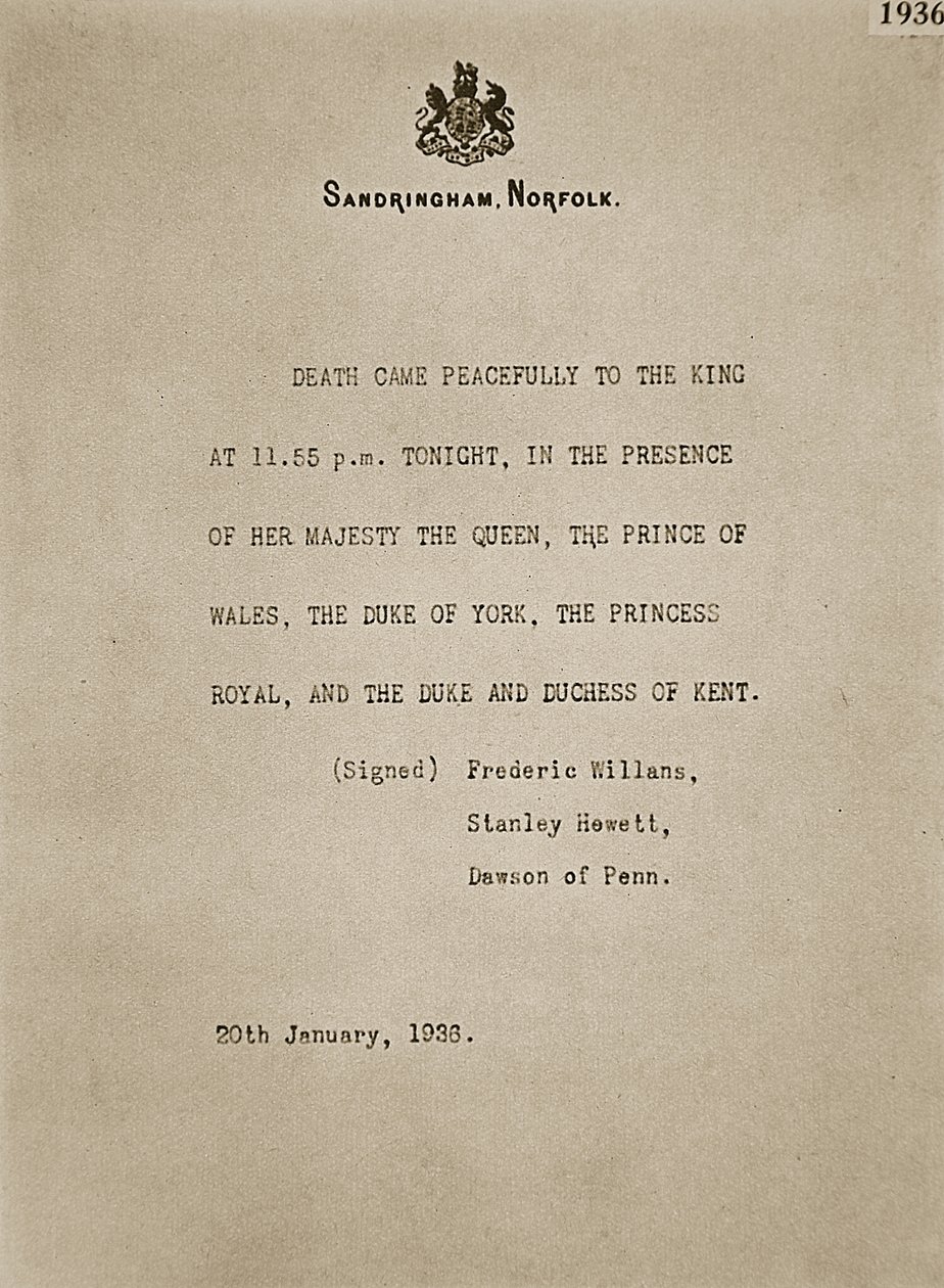 Bulletin geplaatst in Sandringham bij de dood van koning George V, 20 januari 1936 door Unknown