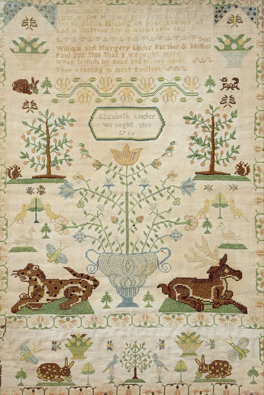 Kruissteek sampler met een gebed, gemaakt door Elizabeth Linder, 1756 door Unknown
