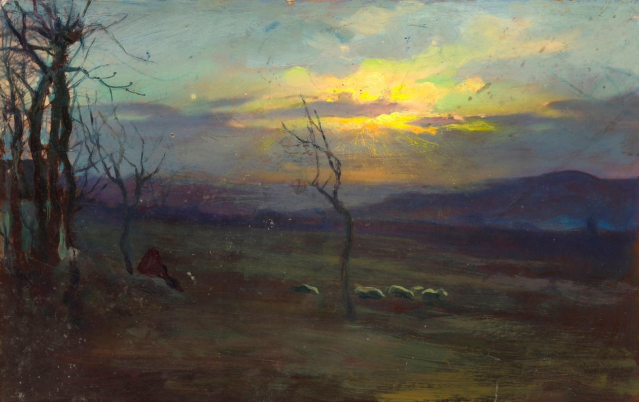 Schemering. Foto-schilderij dat een landschap bij zonsondergang voorstelt door Unknown
