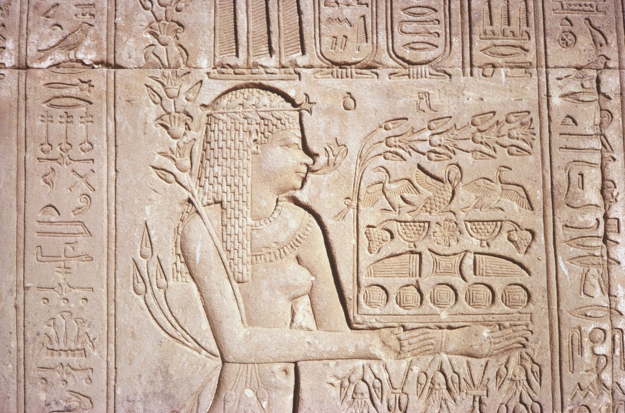 Egypte, Dendara, ingewikkelde muurgravures op de oostmuur van de Tempel van Hathor. door Unknown