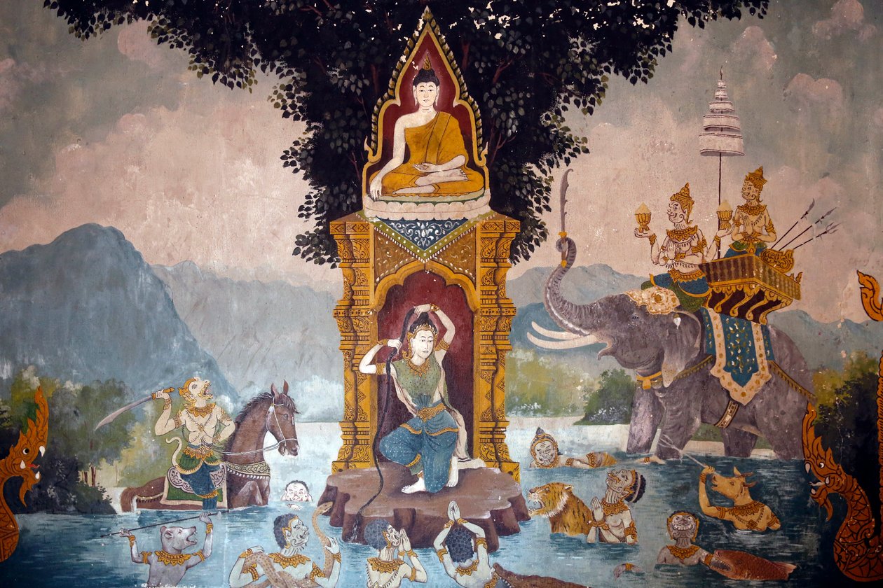 Fresco die een scène uit het leven van Boeddha afbeeldt in Wat Phra Doi Suthep, Chiang Mai. Phra Mae Thorani draait haar lange haar en stortvloed van water creëert een overstroming. Thailand door Unknown