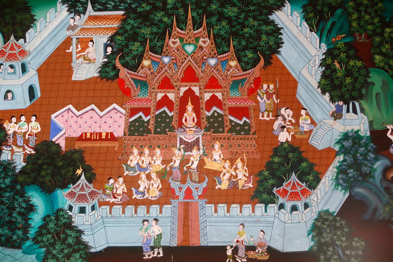 Fresco in Wat Ampharam, Hua Hin, Thailand. Temiya Jataka, ook wel Muga-Pakkha Jataka genoemd, een van de vorige levens van Boeddha door Unknown