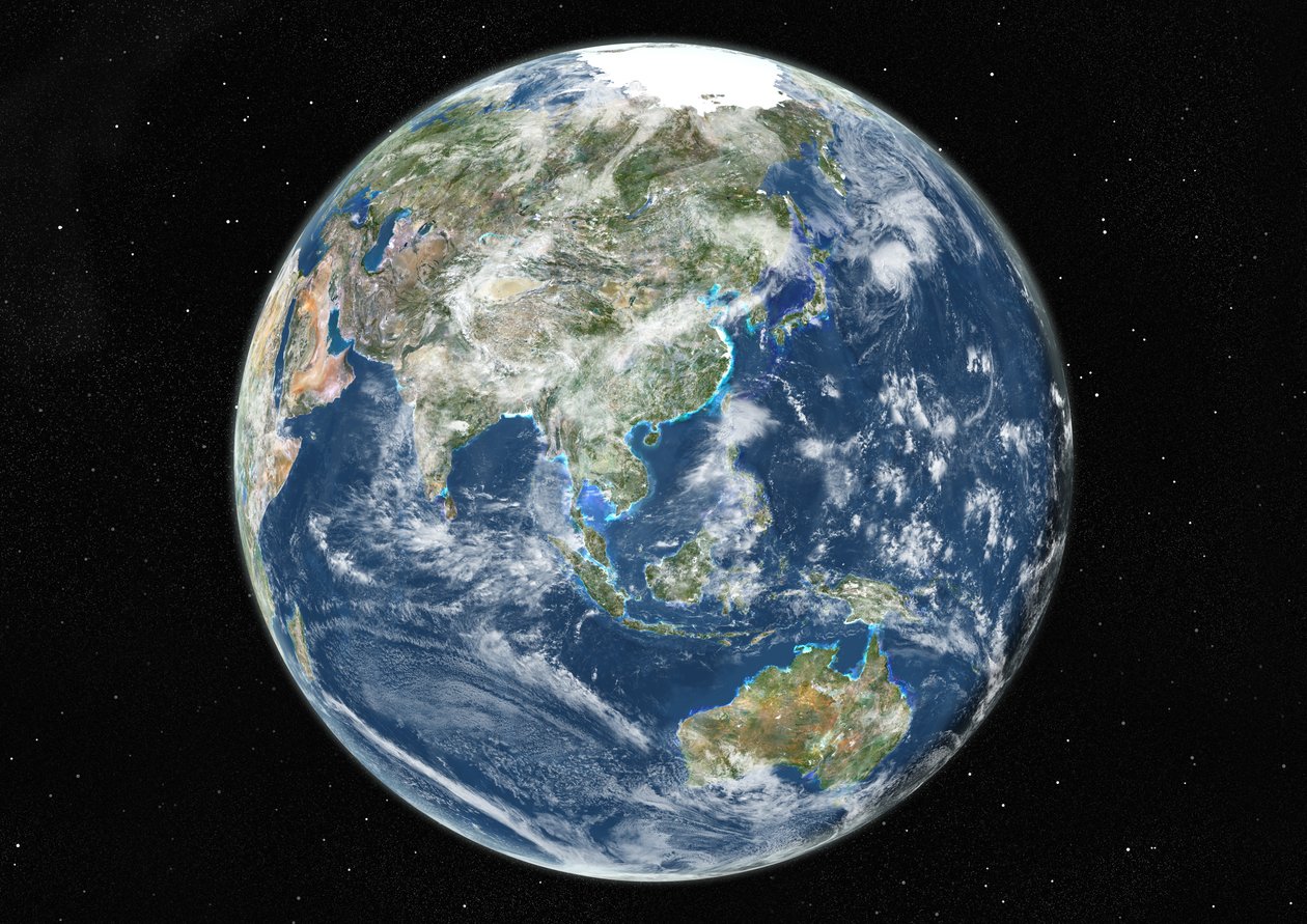 Wereldbol Geconcentreerd op Azië en Oceanië, Ware Kleur Satellietbeeld door Unknown