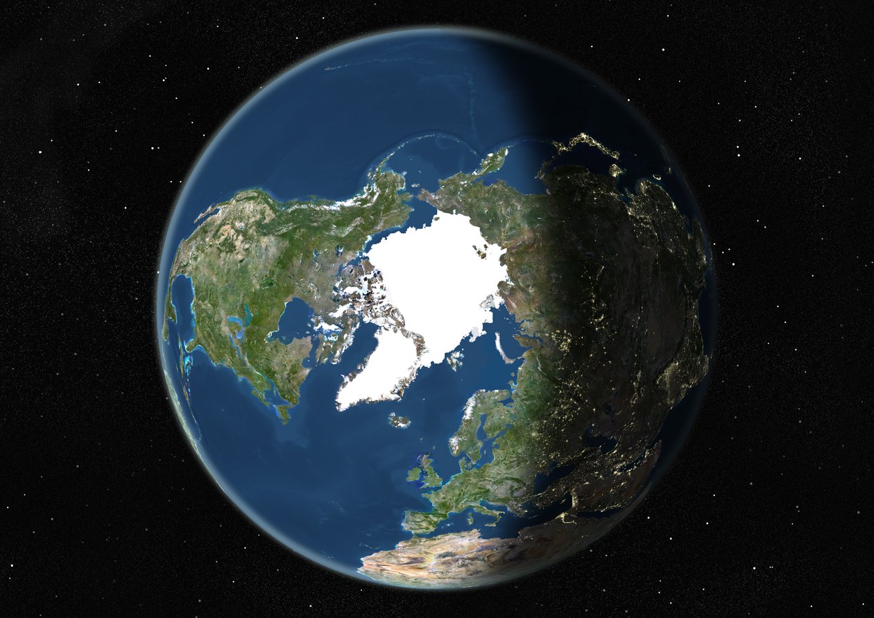 Globe gecentreerd op de Noordpool, ware kleuren satellietbeeld door Unknown