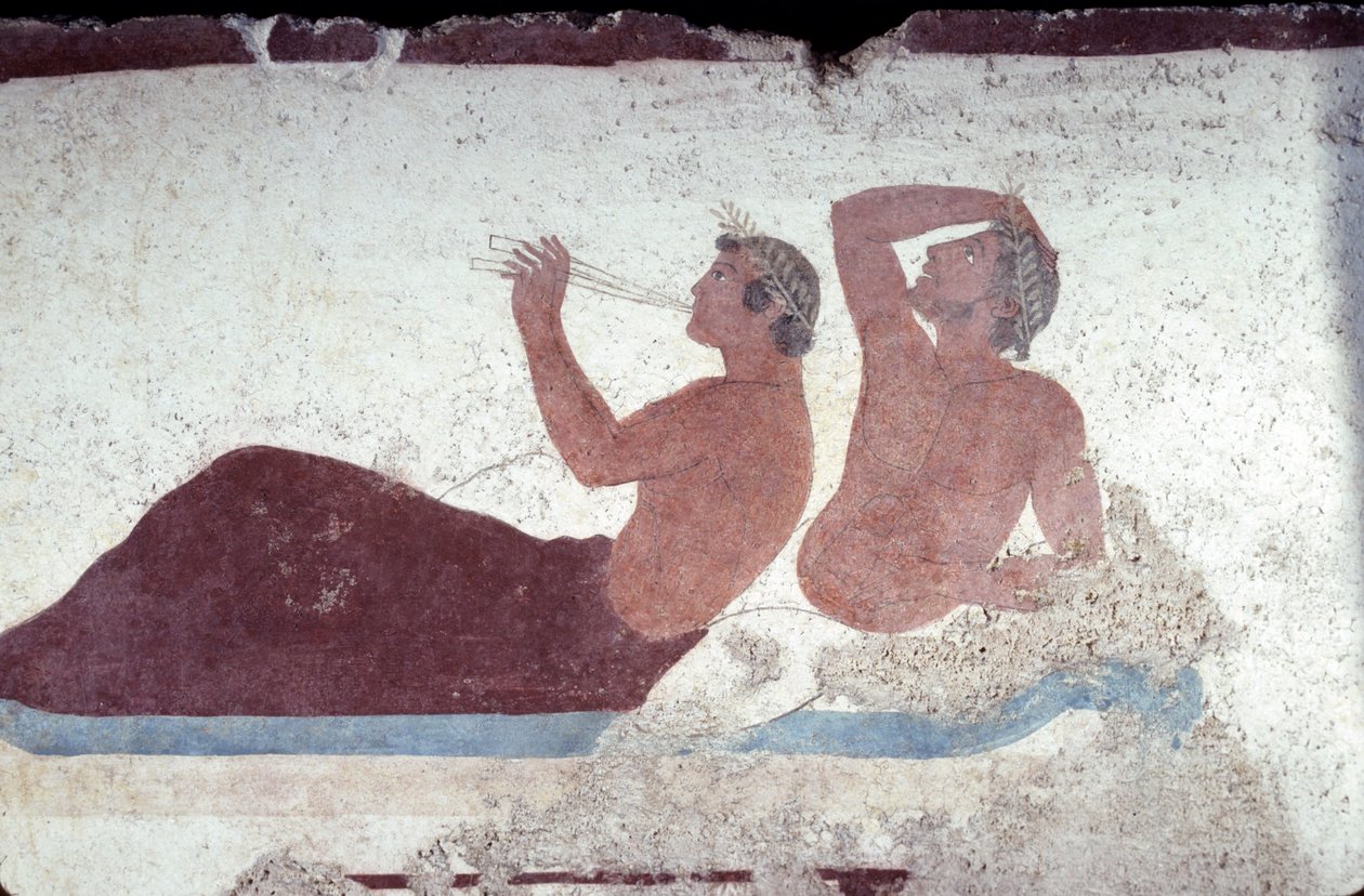 Griekse schildering uit het graf van de Duiker, Paestum, 480 v.Chr. Banketgangers. Symposiumscène, Italië door Unknown