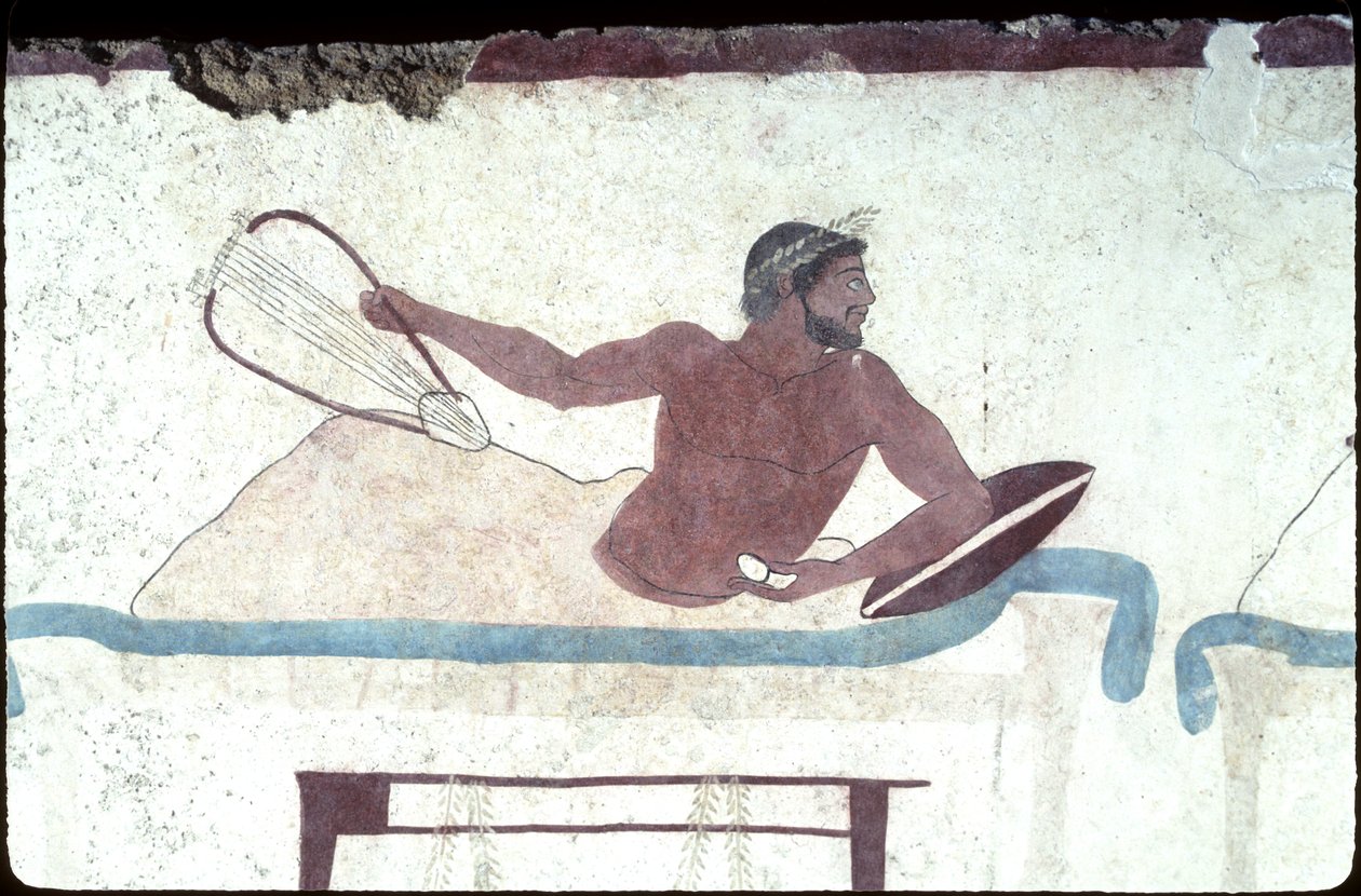 Griekse schildering uit het graf van de Duiker, Paestum, 480 v.Chr. Banketgangers. Symposiumscène, Italië door Unknown
