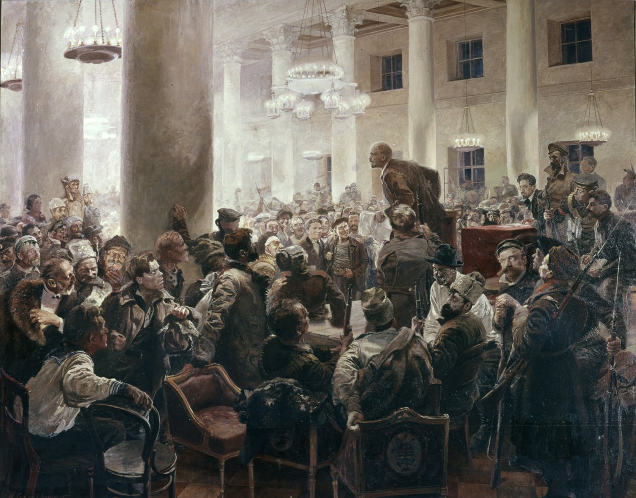 Lenin spreekt op het All-Russische Congres van Sovjets door I. A. Serebryany, Centraal Lenin Museum, Leningrad, ontmoeting van V. I. Lenin met N. K. Krupskoy door Unknown