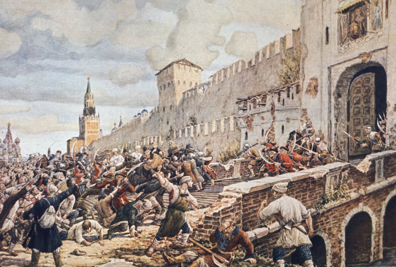 Boerenopstand in Moskou, 1648, de opstand was tegen corrupte belastingheffing (vooral zout), voedseltekorten en devaluatie van valuta die de consumentenprijzen opdreef door Unknown