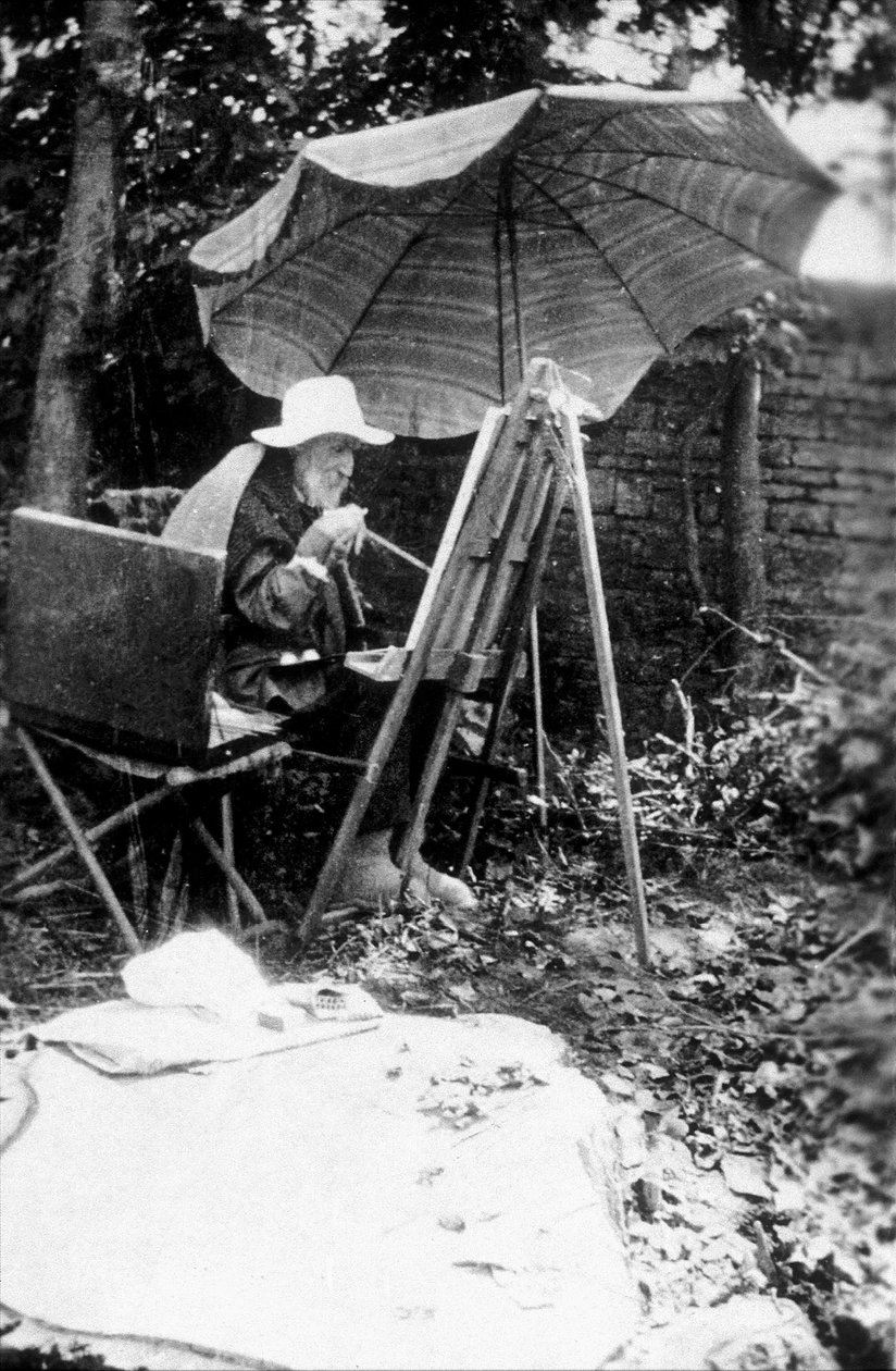Pierre Auguste Renoir (1841-1919) schilderend met twee handen, ca. 1916-17 door Unknown