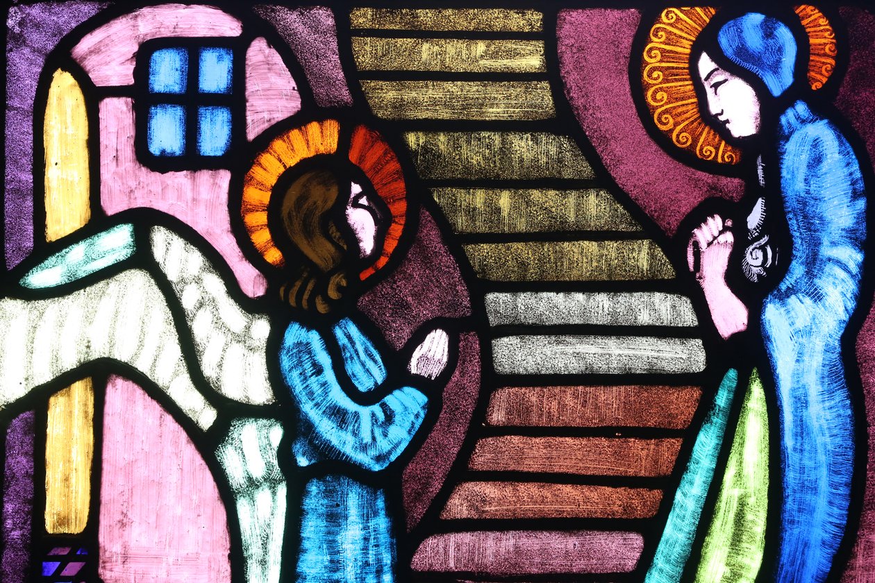 Sint-Pauluskerk, Glas-in-loodraam door A Poncet, De aankondiging aan de Heilige Maagd Maria door de engel Gabriël, Genève, Zwitserland door Unknown