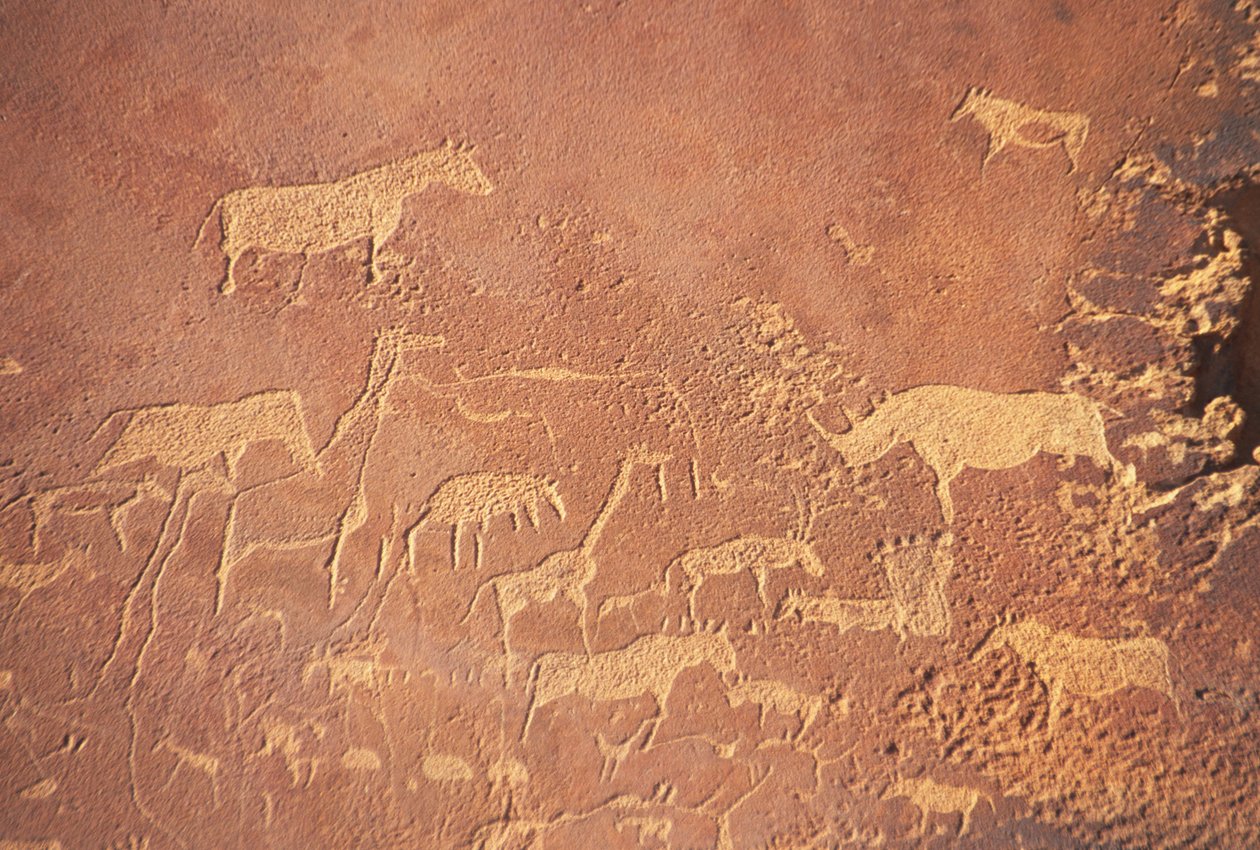 Twyfelfontein, ten zuiden van Khorixas, heeft een van de meest uitgebreide verzamelingen prehistorische rotsschilderingen in Namibië, geschilderd door de Damara mensen 5-6.000 jaar geleden. Voornamelijk afgebeeld zijn leeuwen door Unknown