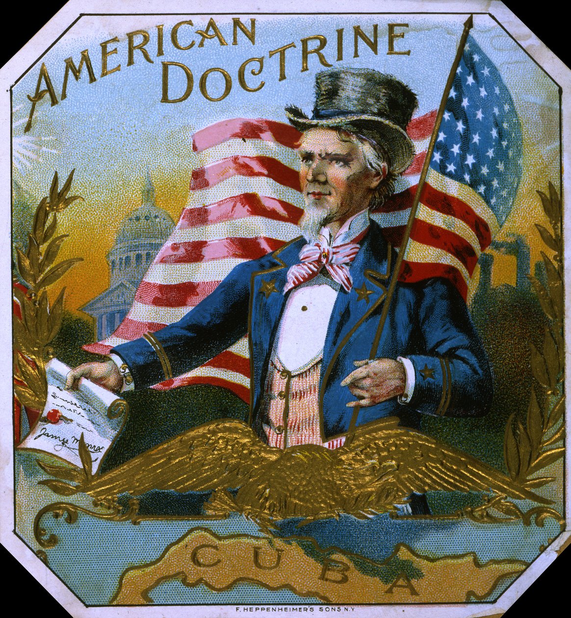 American Doctrine sigarendooslabel (c.1890s) door American School