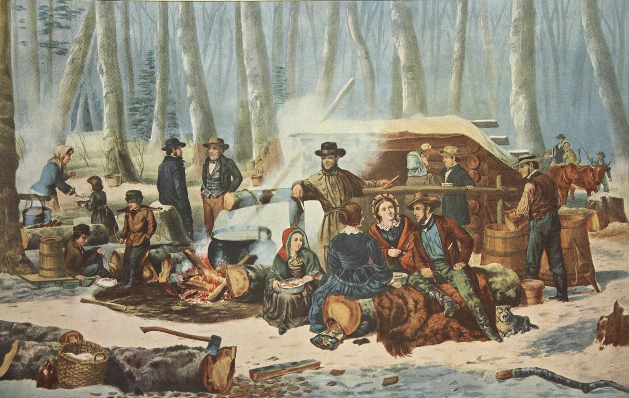 Amerikaans boslandschap - Maple Sugaring, uitgegeven 1856, Currier & Ives door American School