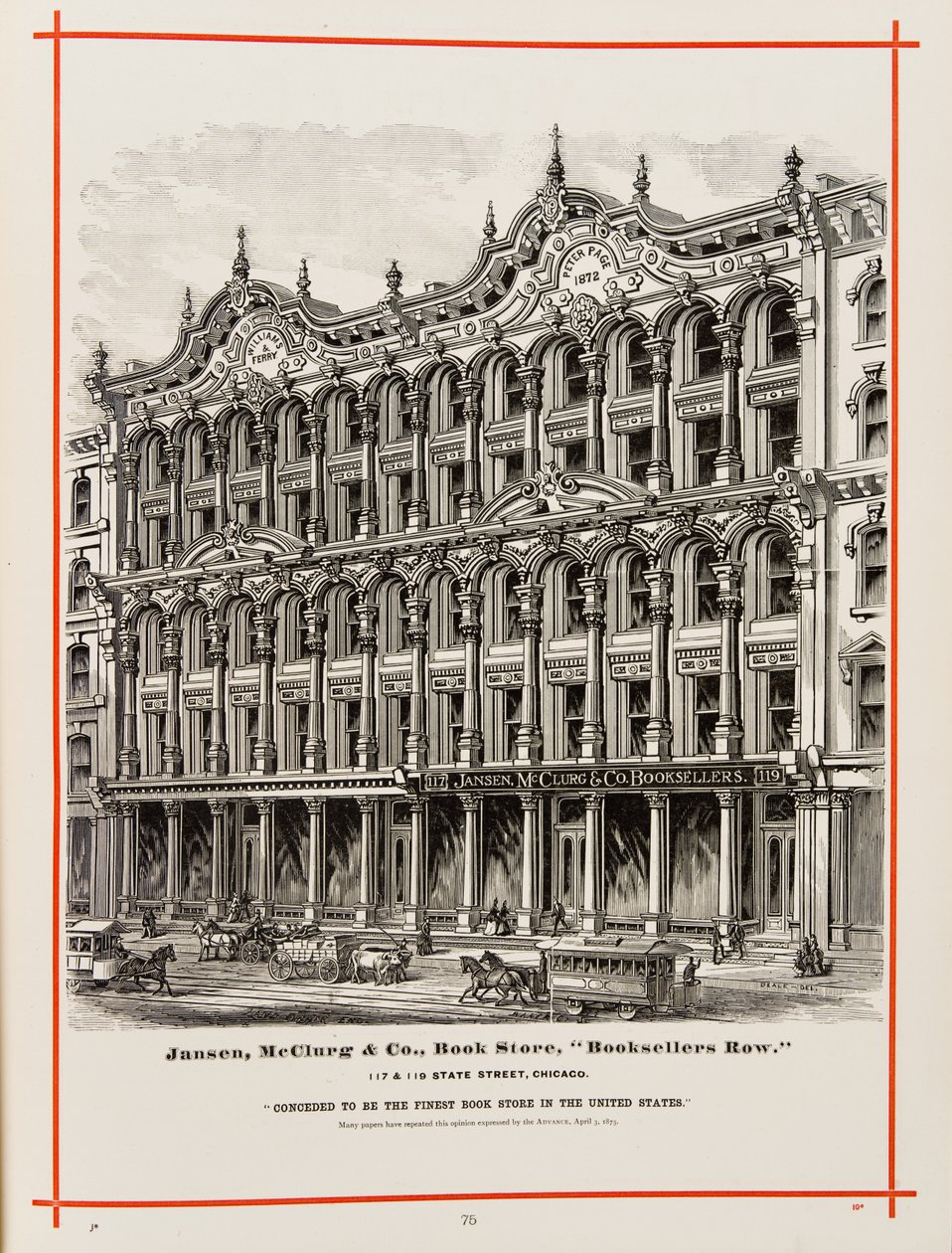 Jansen, McClurg en Company boekwinkel op 117 en 119 State St., Chicago. Illustratie in The Merchants and Manufacturers of Chicago Illustrated, 1873 door American School