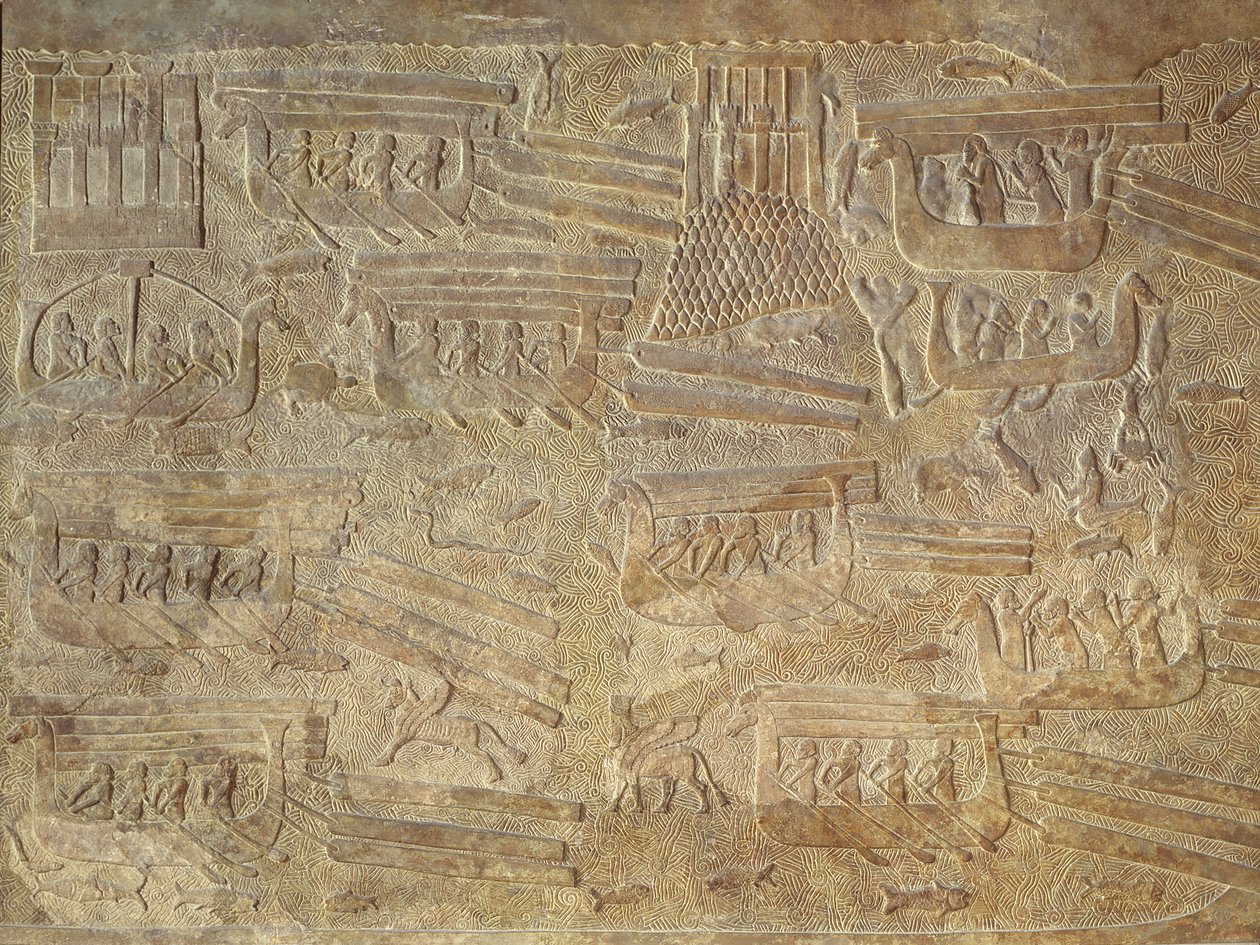 Reliëf met afbeelding van het transport van hout over zee door Assyrian