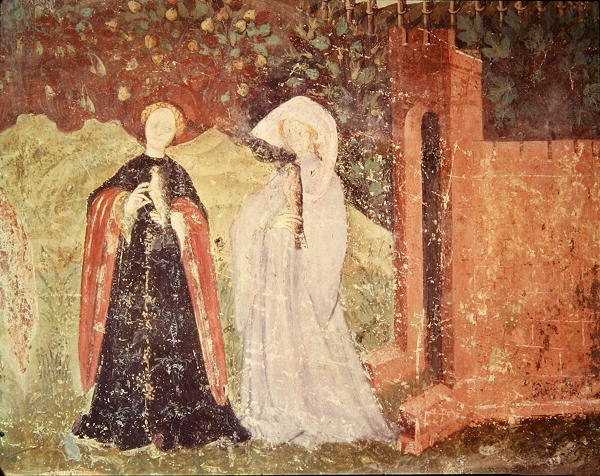 De maand juni, detail van twee vrouwen die wandelen door Bohemian School