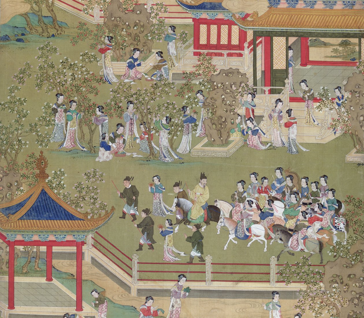 Keizer Yang Ti (581-618) wandelend in zijn tuinen met zijn vrouwen, uit een geschiedenis van Chinese keizers (detail) door Chinese School