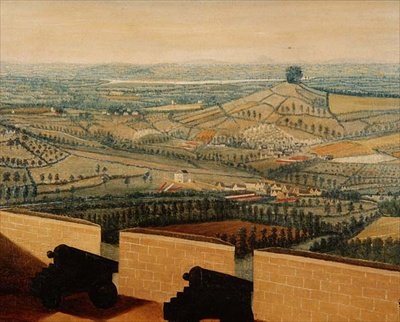 Uitgestrekt landschap gezien vanaf Rodborough Fort, c.1764 (detail) door English School