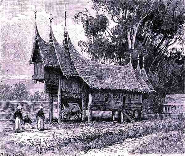 Huis in Centraal Sumatra, gegraveerd door E. Krell, uit De Geschiedenis van de Mensheid, Deel 1, door Prof. Friedrich Ratzel door English School