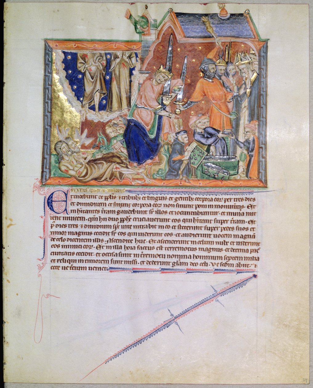 Ms L.A. 139-Lisboa fol.27 De getuigen worden onbegraven achtergelaten en hun zielen stijgen op naar de hemel, uit de Gulbenkian Apocalyps, ca. 1265-70 door English School