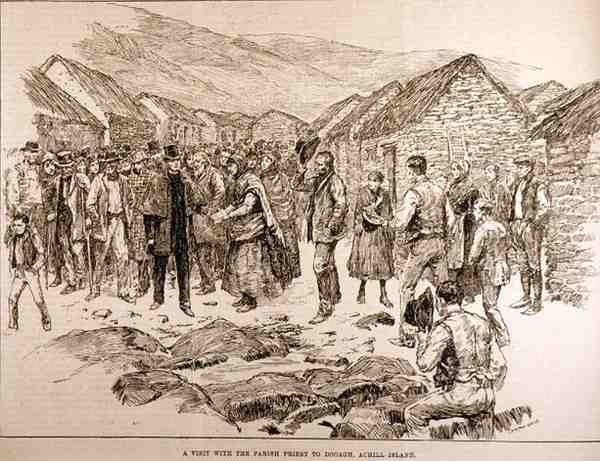 De Nood in het Westen van Ierland: Een Bezoek met de Parochiepriester aan Dooagh, Achill Island, uit The Illustrated London News, 4 oktober 1886 door English School