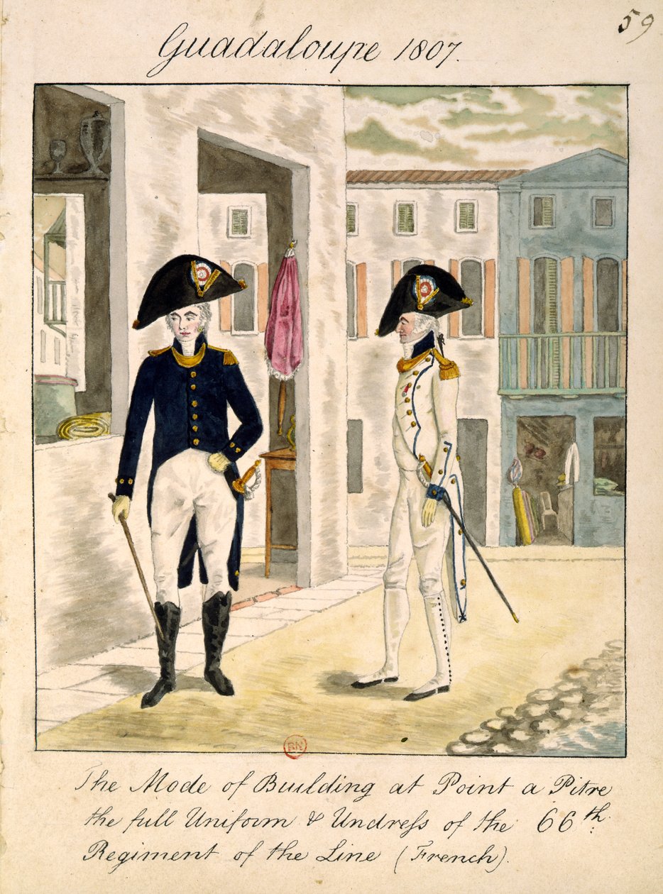 Uniformen van het 66e Regiment van de Linie in Pointe a Pitre, Guadeloupe in 1807 door English School